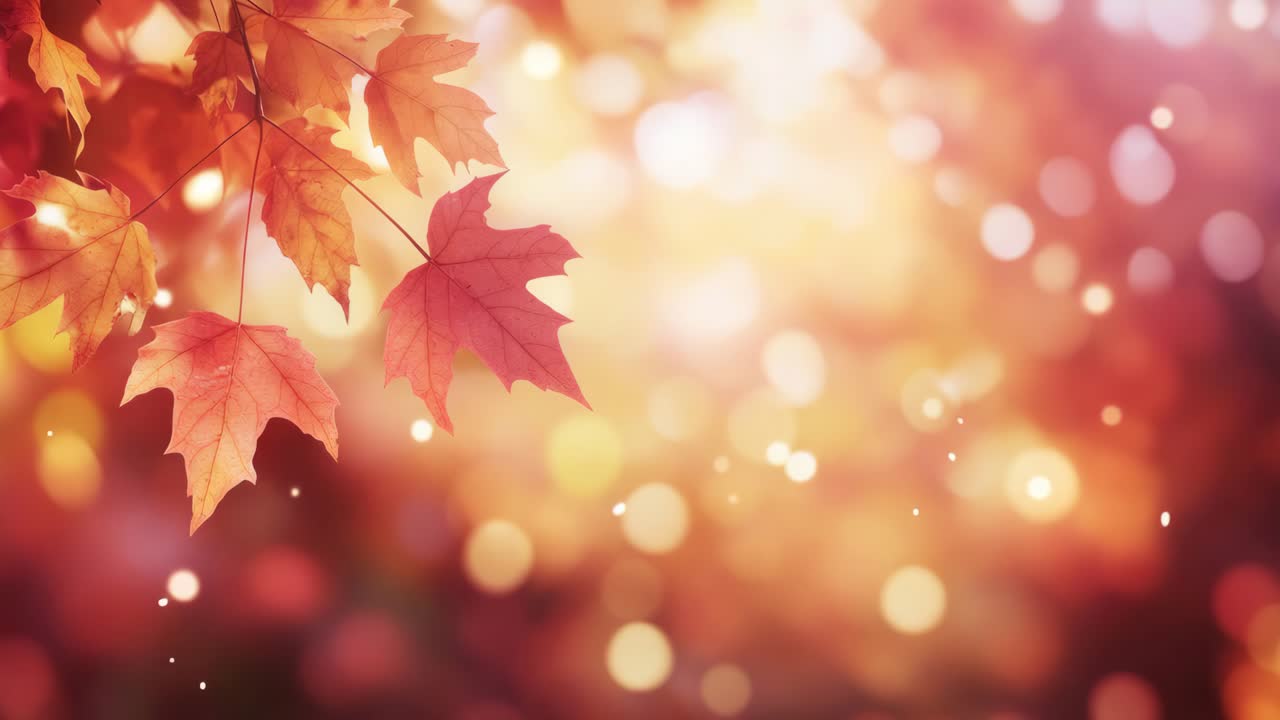 Autumn leaves in soft focus, captured from a low angle. Warm bokeh lights create a dreamy