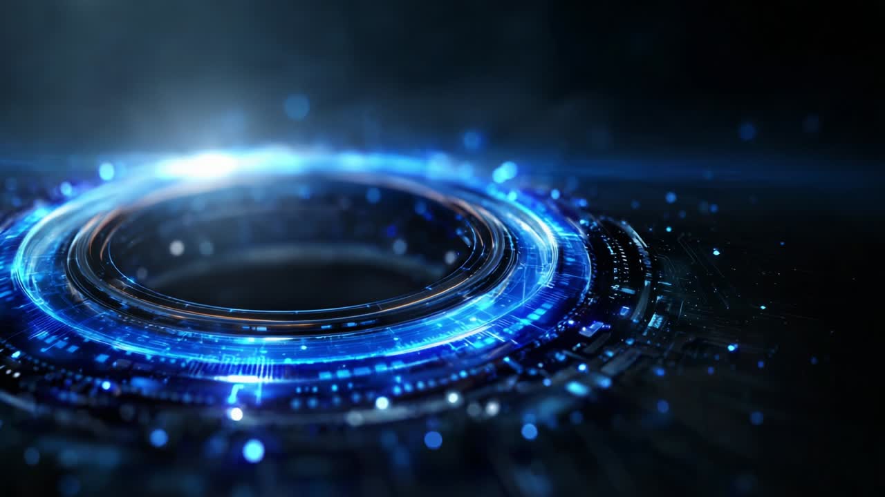 A mesmerizing digital swirl of blue light emanates from a circular core, capturing the beauty of technology's intricate design while reflecting an air of mystery and limitless possibilities