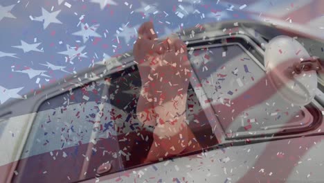 animación de la bandera estadounidense agitando confeti cayendo sobre los pies de la mujer sobresaliendo de la ventana del coche