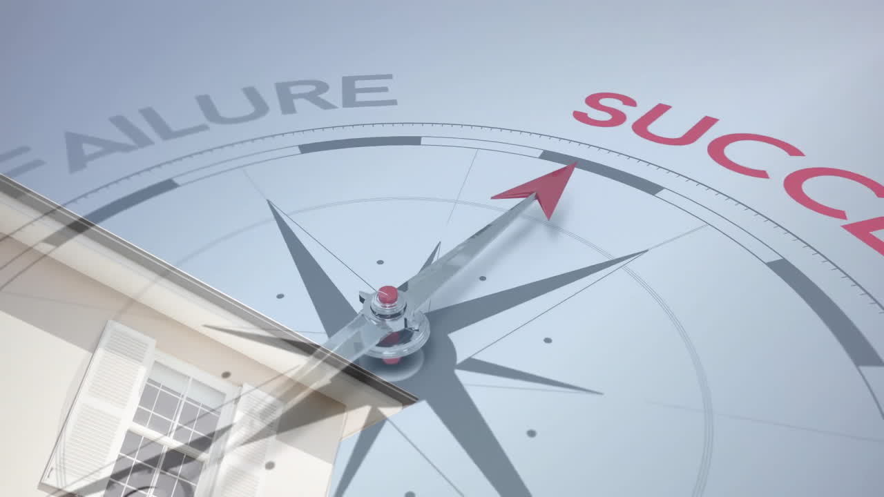 Compass pointing towards success animation over house exterior