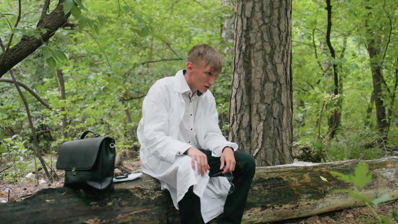 Young man in white coat sitting on dry stump in forest removing glasses while showing fatigue and exhaustion during outdoor work surrounded by trees with bag placed beside him