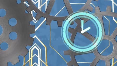 Animation of clock moving fast over cogs
