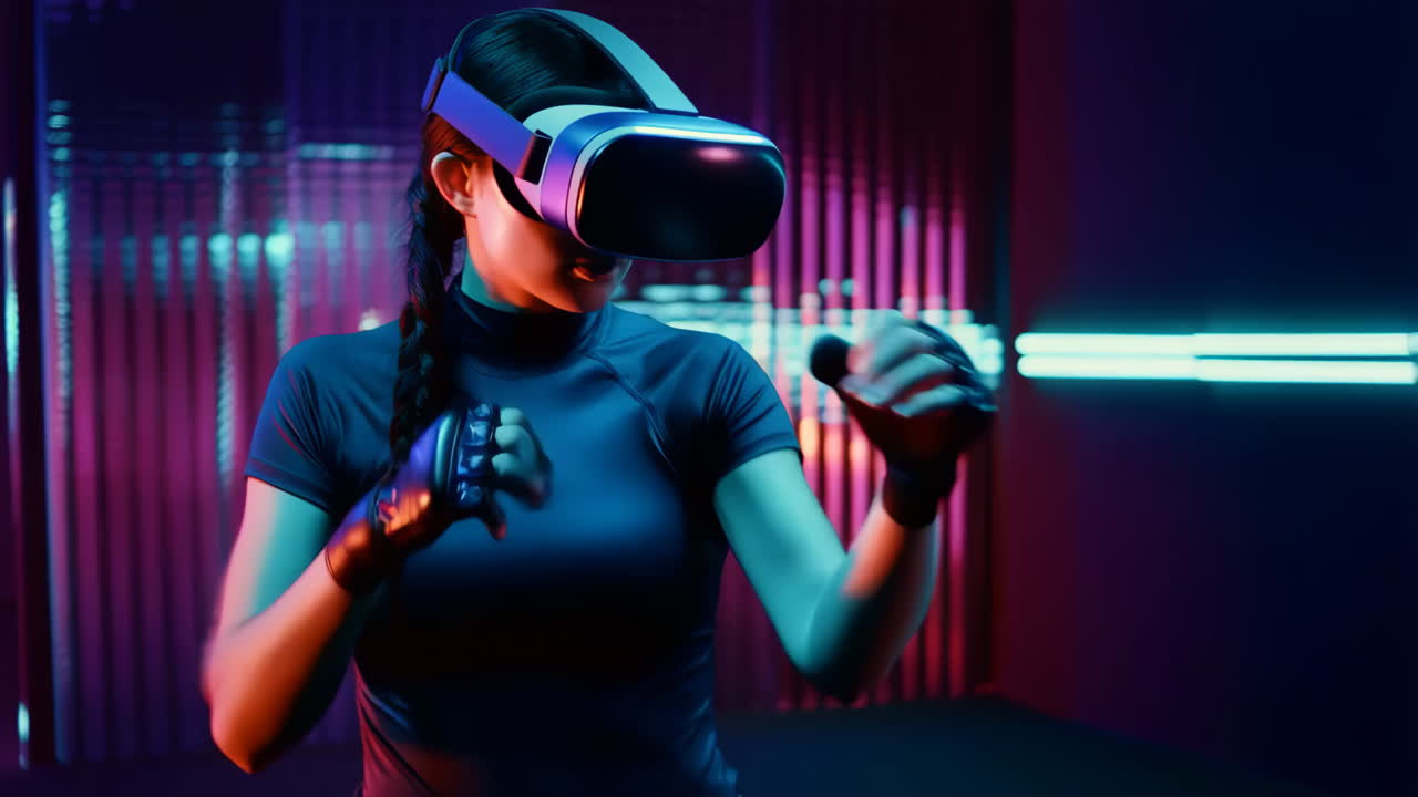 Woman Engaged in Virtual Reality Boxing Game