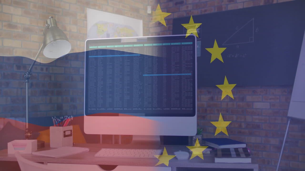 European Union and Russian flags overlaying data on computer screen with animation