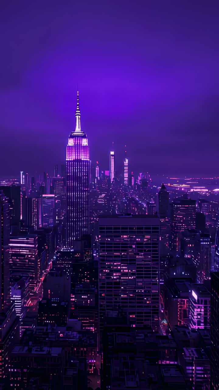 Vertical video: Framing spire glowing purple downtown at night as lights flickering, roads glowing