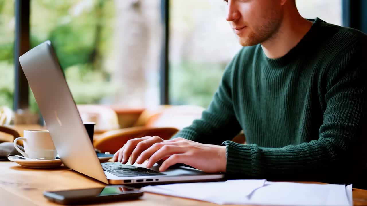 A man is typing on a laptop in a cafe