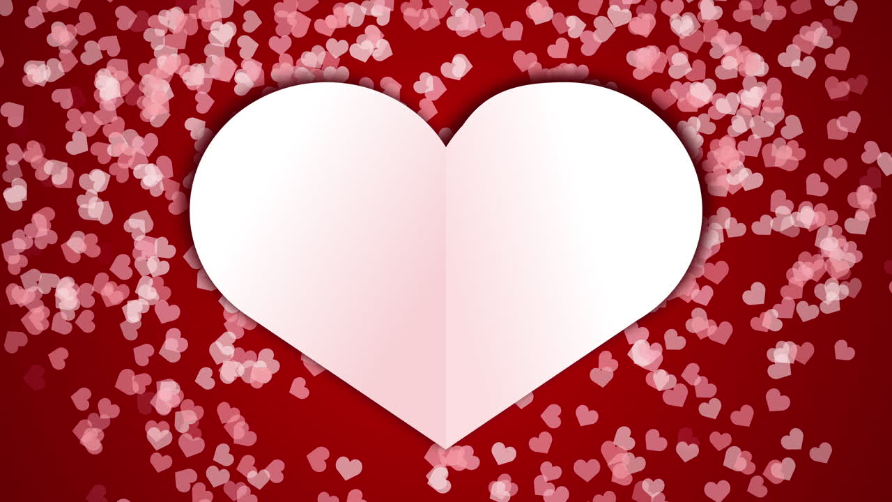 Red background video with big white love heart. Movement of pink hearts. Screensaver for a romantic holiday. Empty copyspace for text.