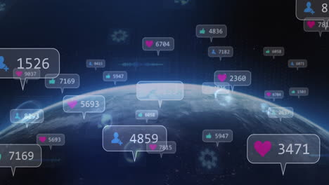 social media notifications and interactions animation over view of earth from space