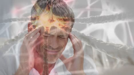 man with head pain against bacteria infection cells 4k