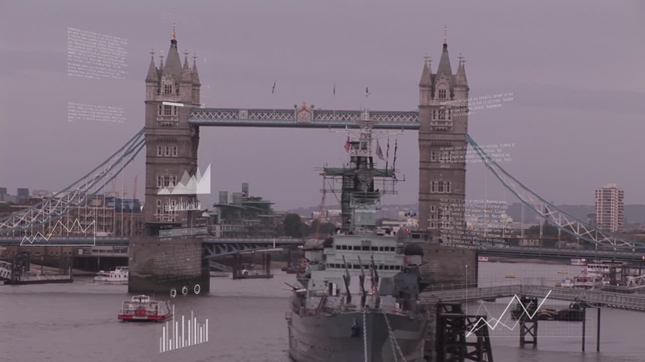 Animation of data processing against aerial view of london bridge ...