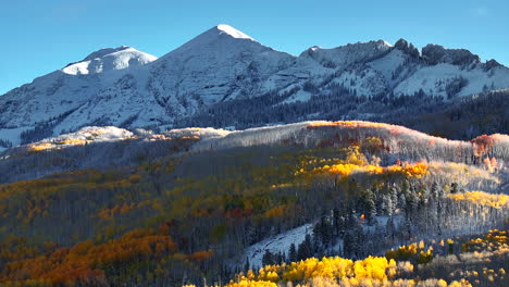 Kebler-Pass-Aéreo-Cinematográfico-Zumbido-Crested-Butte-Gunnison-Colorado-Estaciones-Chocar-Temprano-Otoño-álamo-Temblón-Rojo-Amarillo-Naranja-Bosque-Invierno-Primero-Nieve-Polvo-Picos-De-Las-Montañas-Rocosas-Movimiento-Hacia-Atrás