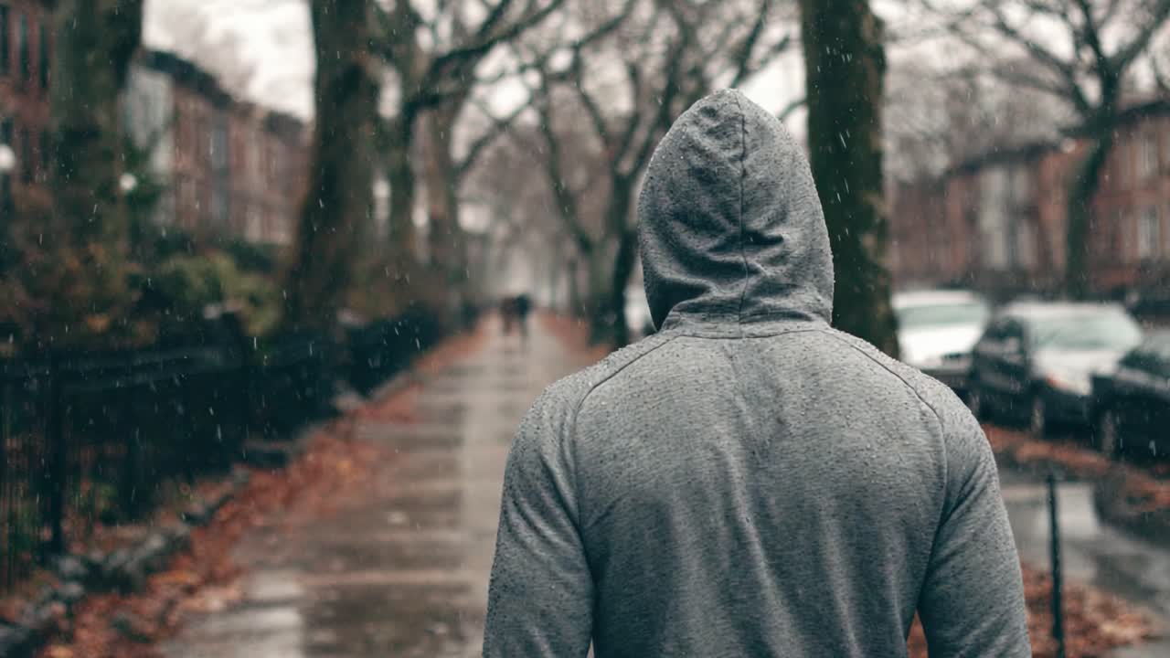Una figura solitaria cammina lungo una strada inzuppata di pioggia, avvolta in una felpa grigia con cappuccio, circondata da un paesaggio spoglio di alberi e asfalto bagnato sotto un cielo plumbeo.