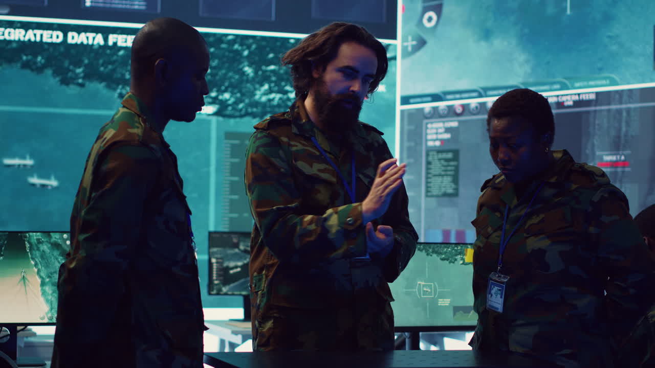 los oficiales del ejército revisan los datos en un holograma para crear un resumen para la nueva misión.