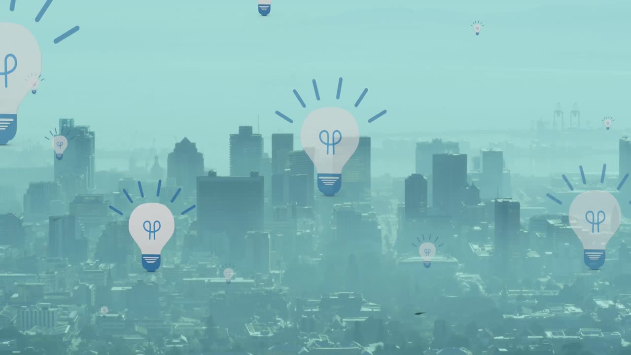 도시 풍경의 공중 시야에 떠다니는 여러 개의 전구 아이콘의 애니메이션