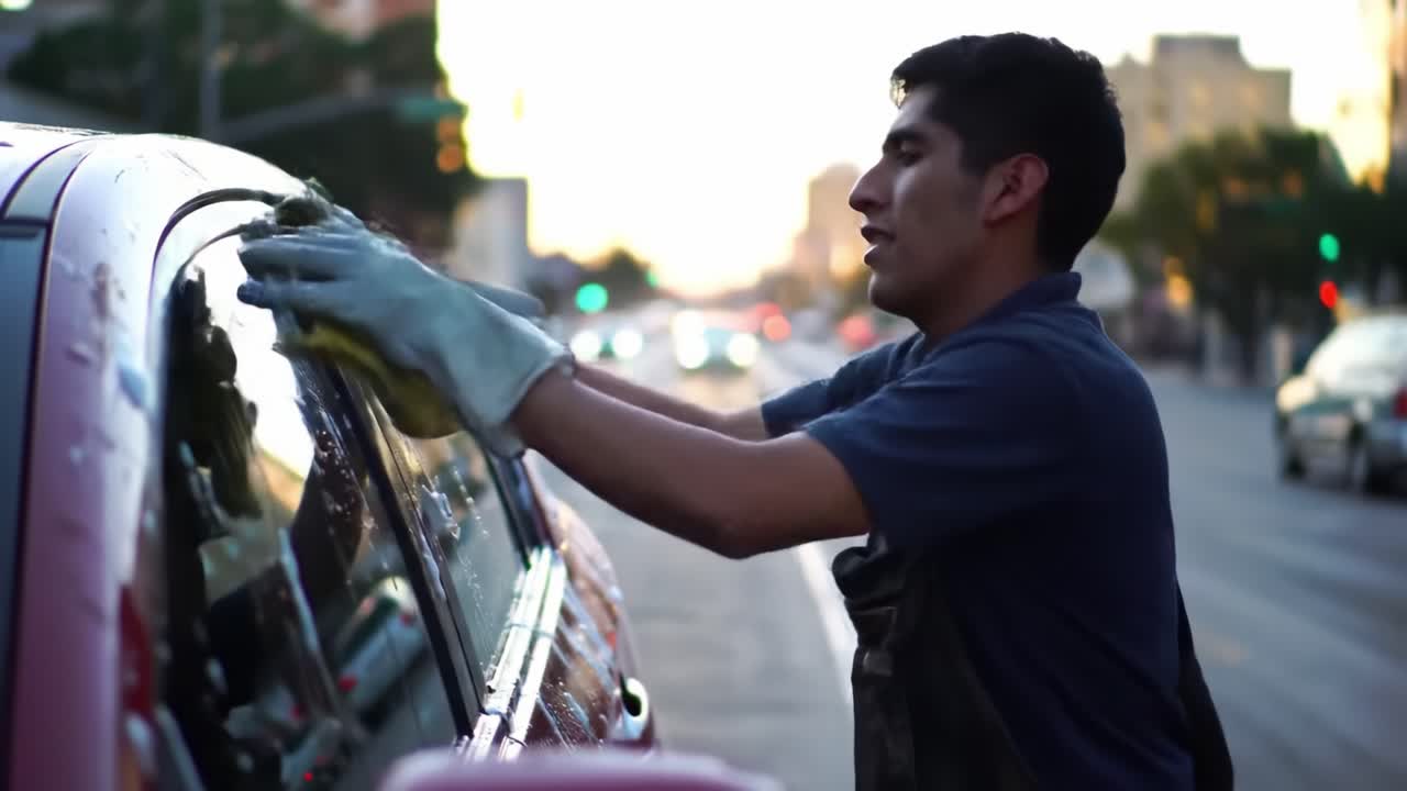 A Dedicated Worker Polishing a Car Window as the Sun Sets, Demonstrating the Art of Car Care in a Bustling Urban Environment