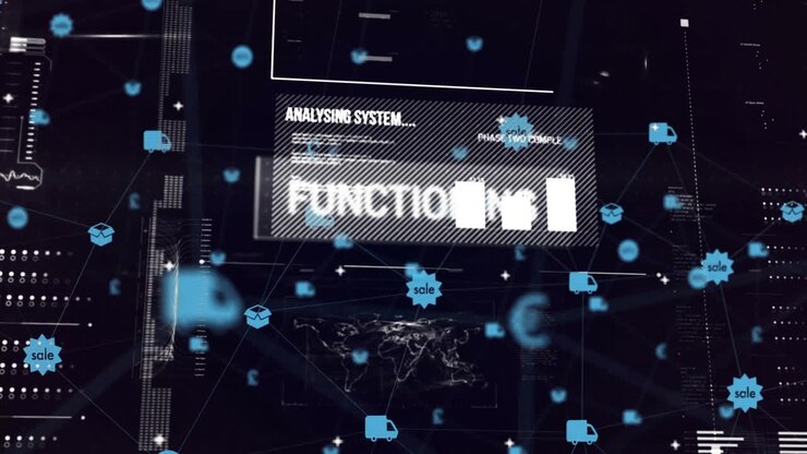 Mørkt futuristisk datagrensesnitt som viser leveringsbiler, pundsymboler, analysepaneler, flat design