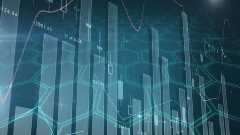 Animation-of-multiple-graphs-with-numbers-over-hexagons-with-lens-flares-against-blue-background