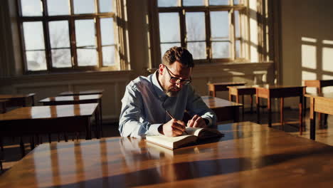 man studying in a historical classroom