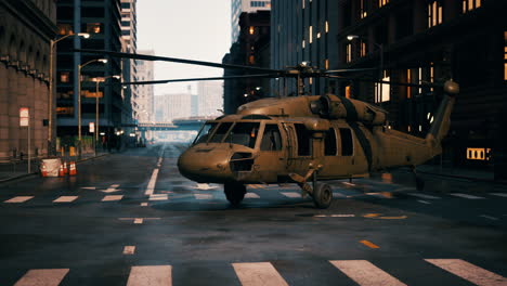 black war chopper in the city