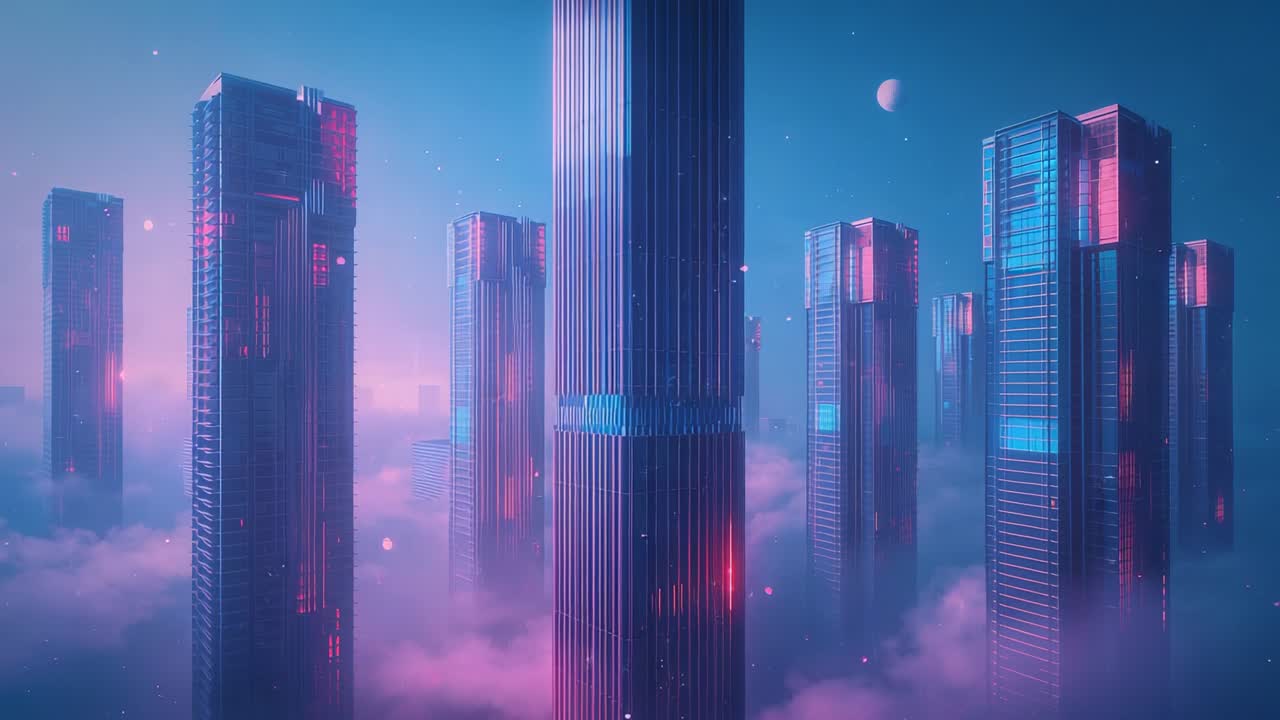 Luzes neon pulsantes destacando a torre central, névoa rosa rodopiando no horizonte sob um globo lunar
