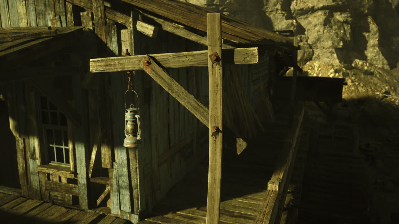 Rustic wooden structure with lantern and weathered appearance near canyon