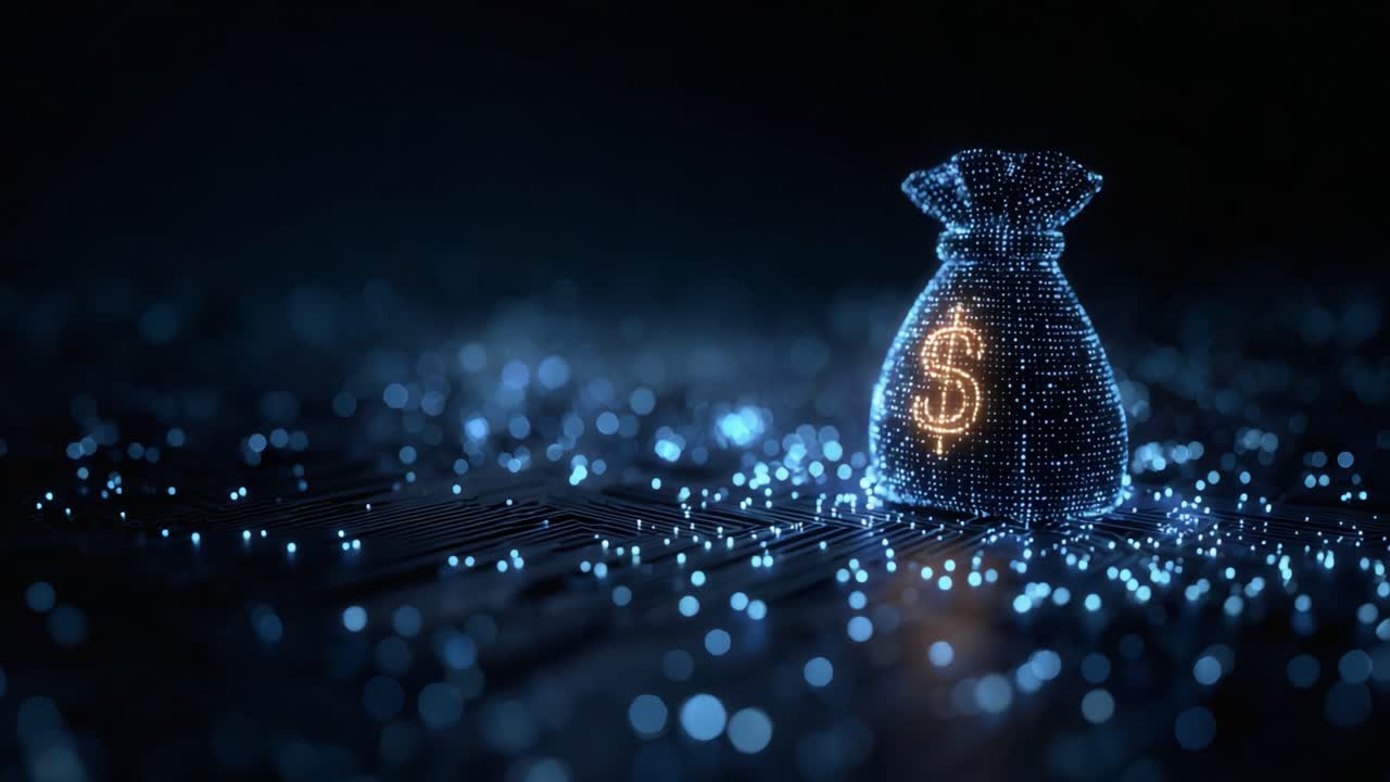 A Glowing Digital Money Bag: Exploring the Intersection of Technology and Currency with an Illuminated Representation of Wealth in a Futuristic Setting