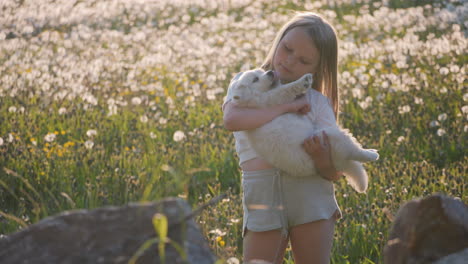 Kleines-Blondes-Mädchen-Umarmt-Weißen-Welpen-Im-Feld-Zur-Goldenen-Stunde