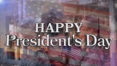 Happy-Presidents-Day-Text-über-Amerikanischer-Flagge-Gegen-Afroamerikanischen-Soldaten-Mit-Seiner-Familie