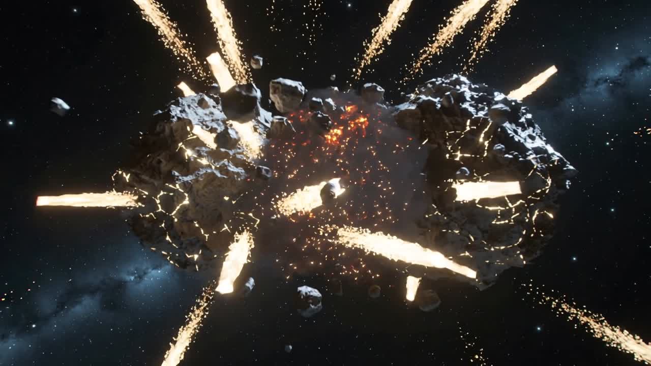 Palla di fuoco che esplode attraversando due asteroidi incandescenti nello spazio, inviando getti e detriti
