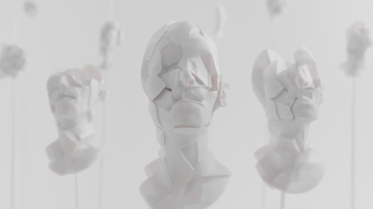 Multiple crushed android heads on spikes in white space