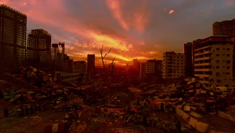 deserted demolished city buildings, after war, sunset time