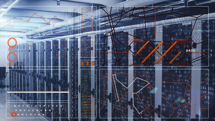 Data processing and network connections animation over server racks in data center