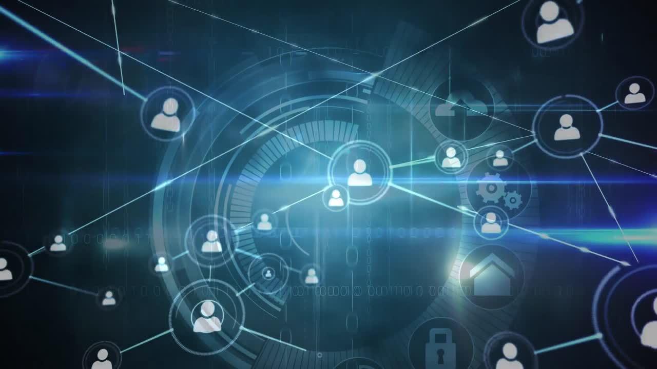 animación de conexiones web e iconos flotando sobre círculos sobre fondo negro