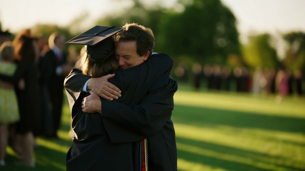Laureati e laureate in tocco e toga si scambiano un abbraccio gioioso alla loro cerimonia di laurea all'aperto, circondati da erba verde lussureggiante e luce solare vibrante, catturati da un'angolazione all'altezza degli occhi.