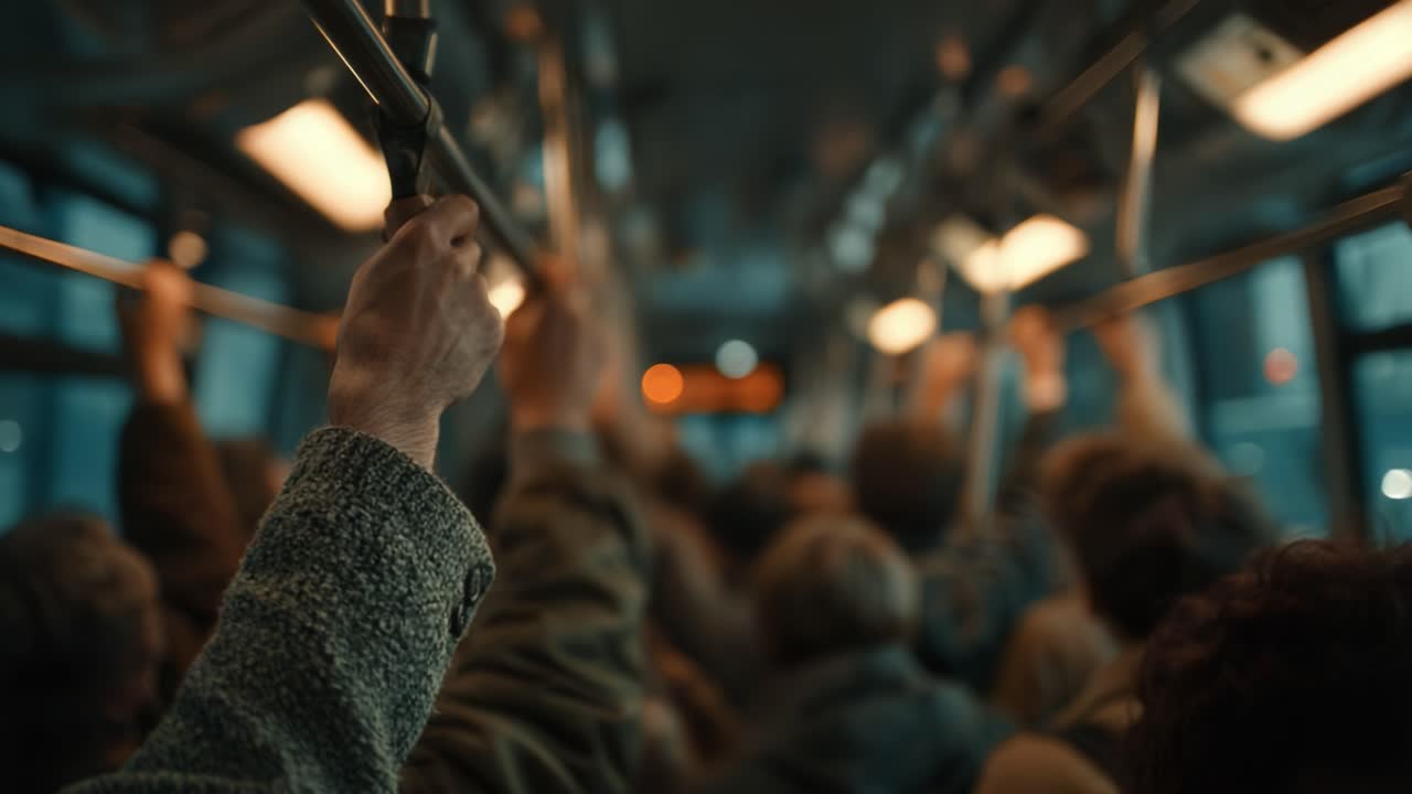 A Close-Up View of Commuters in a Public Transport Vehicle, Gripping Handrails While Riding Together in the Early Evening Light, Capturing Urban Life and Daily Journeys