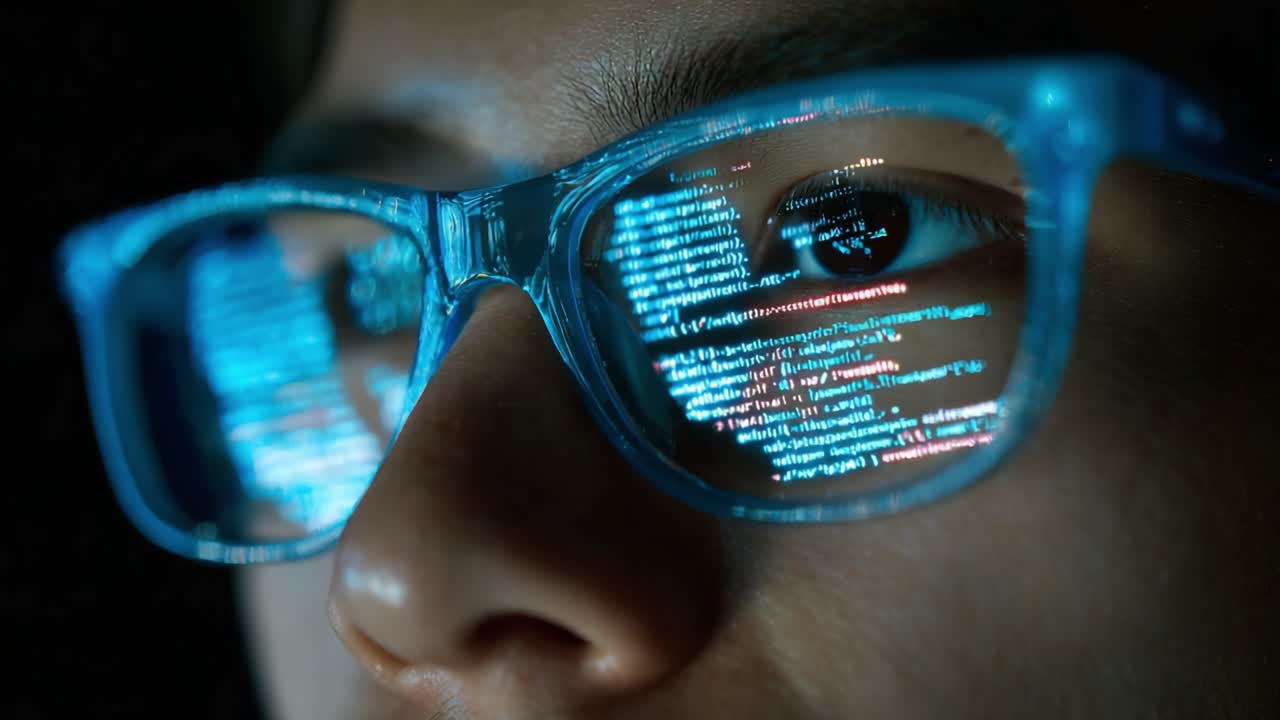 Close-Up View of Reflective Blue Glasses Showcasing Code and Data in a Dark Environment, Highlighting the Intersection of Technology and Vision