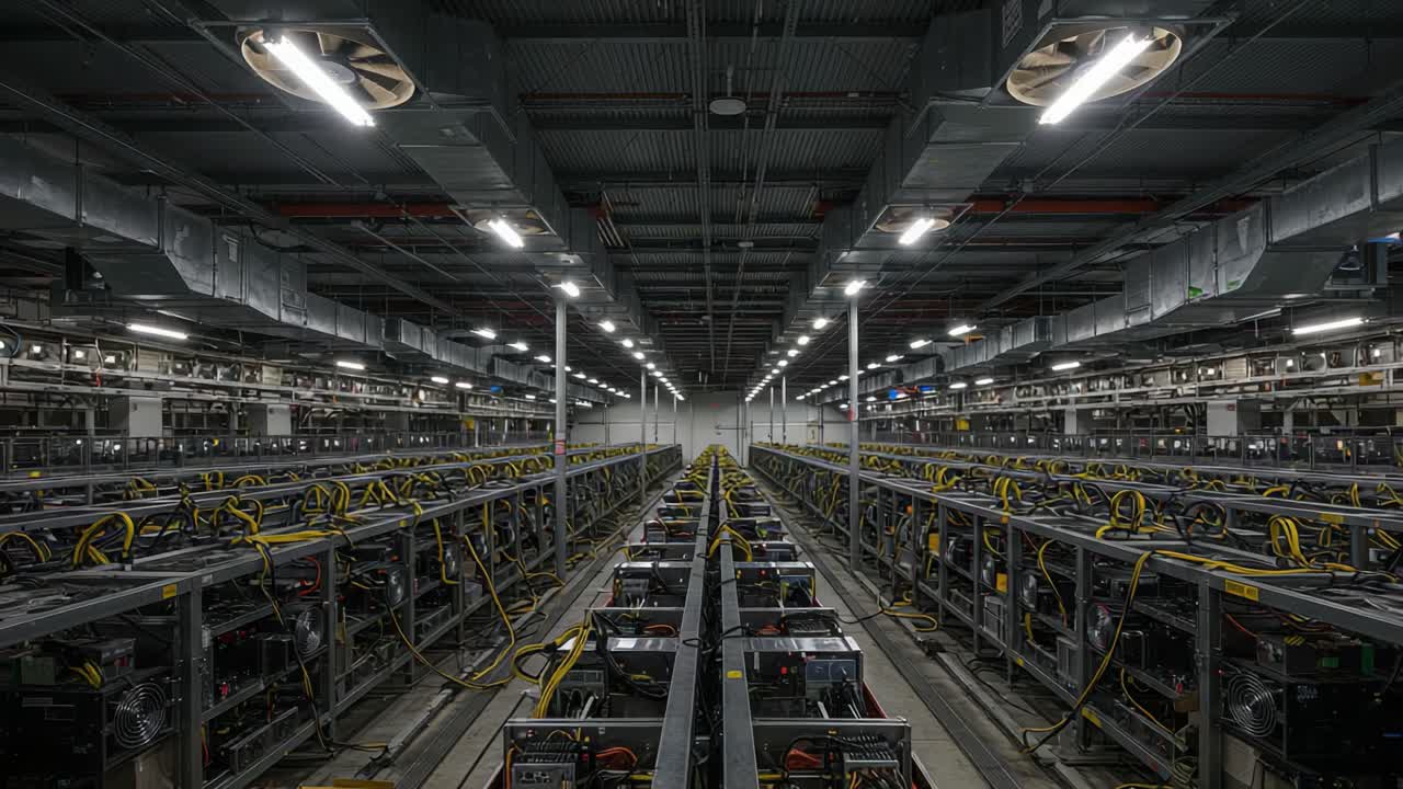 A High-Tech Data Center Filled with Rows of Mining Rigs and Cables Illuminated by Bright Overhead Lights, Capturing the Essence of Modern Cryptographic Processing Facilities