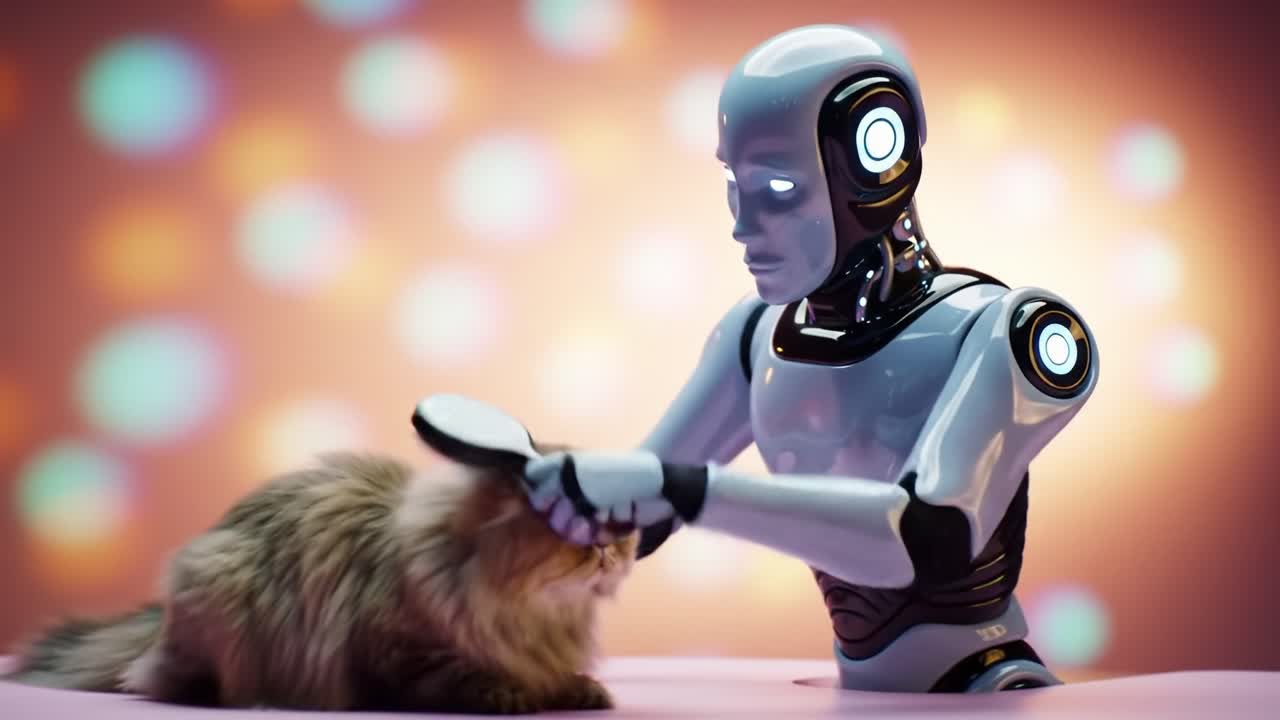 A humanoid robot gently brushes a fluffy cat while surrounded by a backdrop of vibrant, colorful lights. The interaction showcases the unique bond between technology and pets.