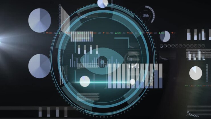 Animation of cyber security text over scanning eye icon against graphs, trading board