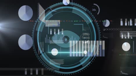 Animation of cyber security text over scanning eye icon against graphs, trading board