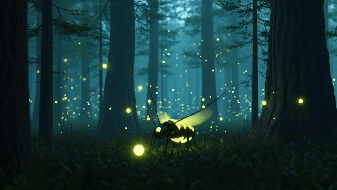 A Glowing Insect Illuminates a Mystical Forest, Surrounded by Floating Fireflies, Creating a Magical Atmosphere of Enchantment and Wonder in the Night