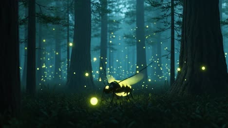 a glowing insect illuminates a mystical forest, surrounded by floating fireflies, creating a magical atmosphere of enchantment and wonder in the night