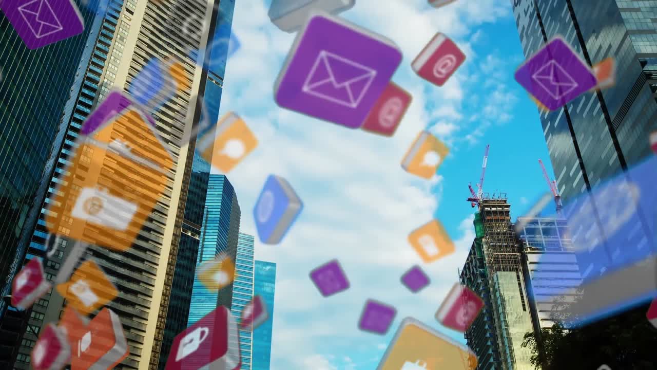 배경 에 초고층 빌딩 이 있는 다채로운 큐브 들 이 떨어지고 있다