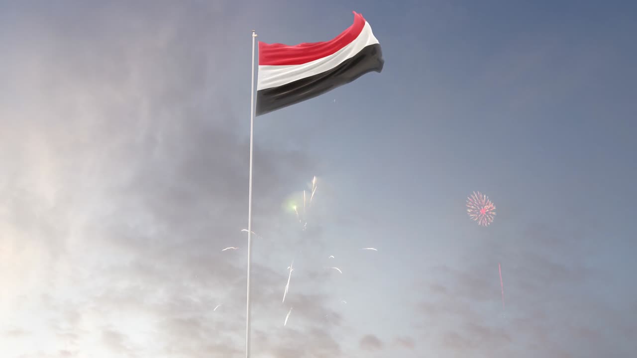 Bandiera dello Yemen con sfondo di fuochi d'artificio.