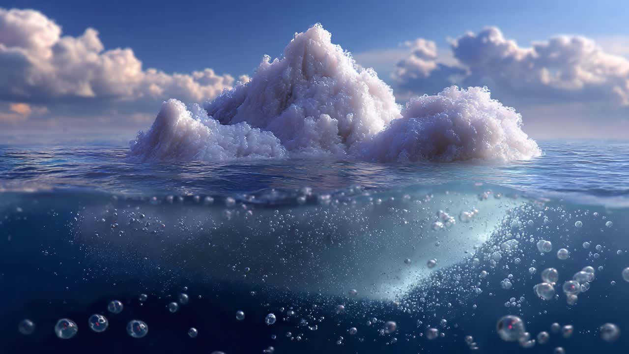 Majestic Iceberg Scene: A Stunning Display of Ice and Water Beneath the Surface with Bubbles and Cloud Reflections Illuminating the Ocean's Beauty
