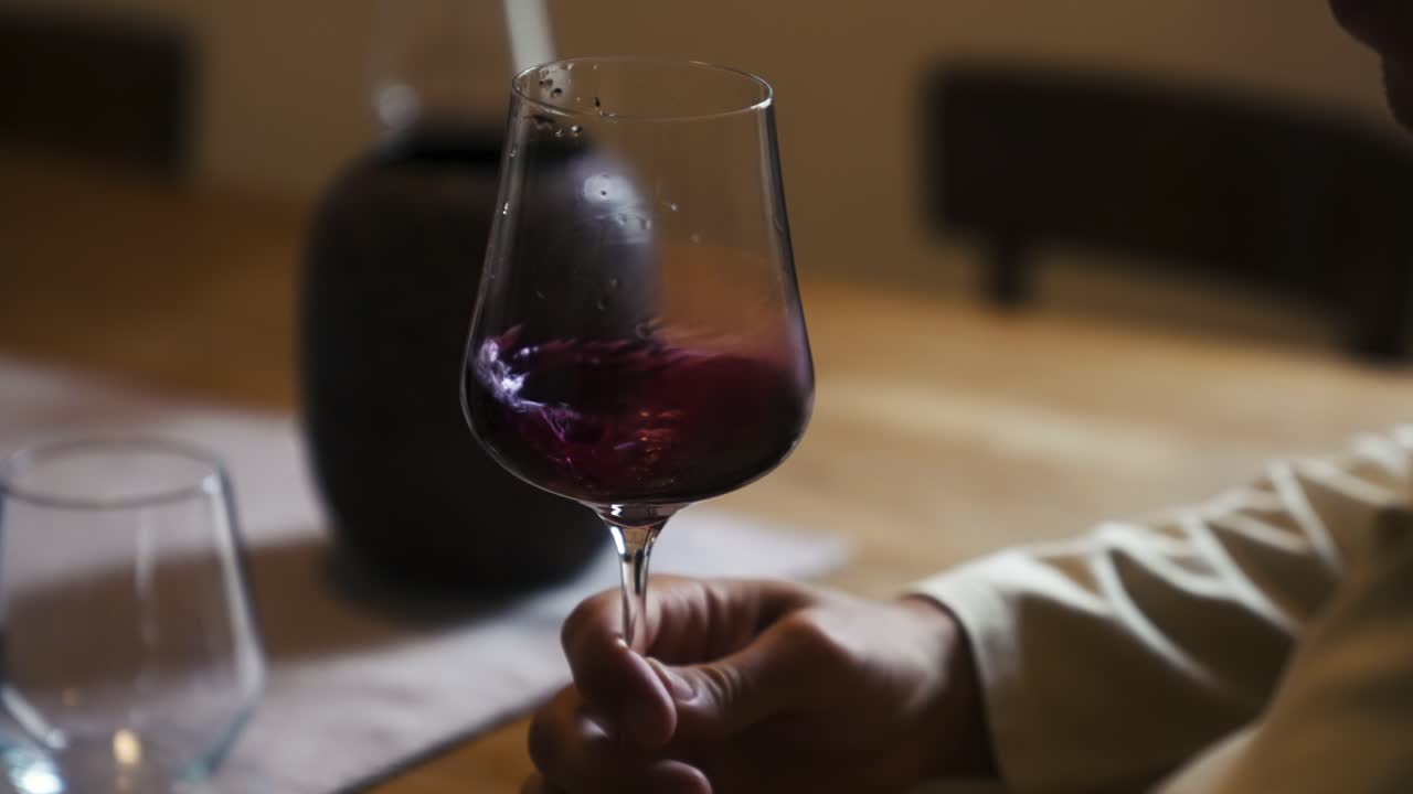 Vino rosso che ondeggia in un bicchiere.