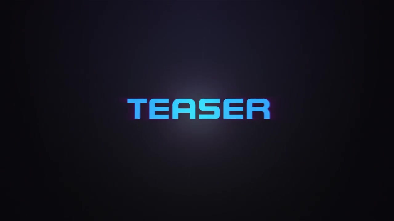 Glødende eksplosion TEASER tekstafsløring i blå og pink.