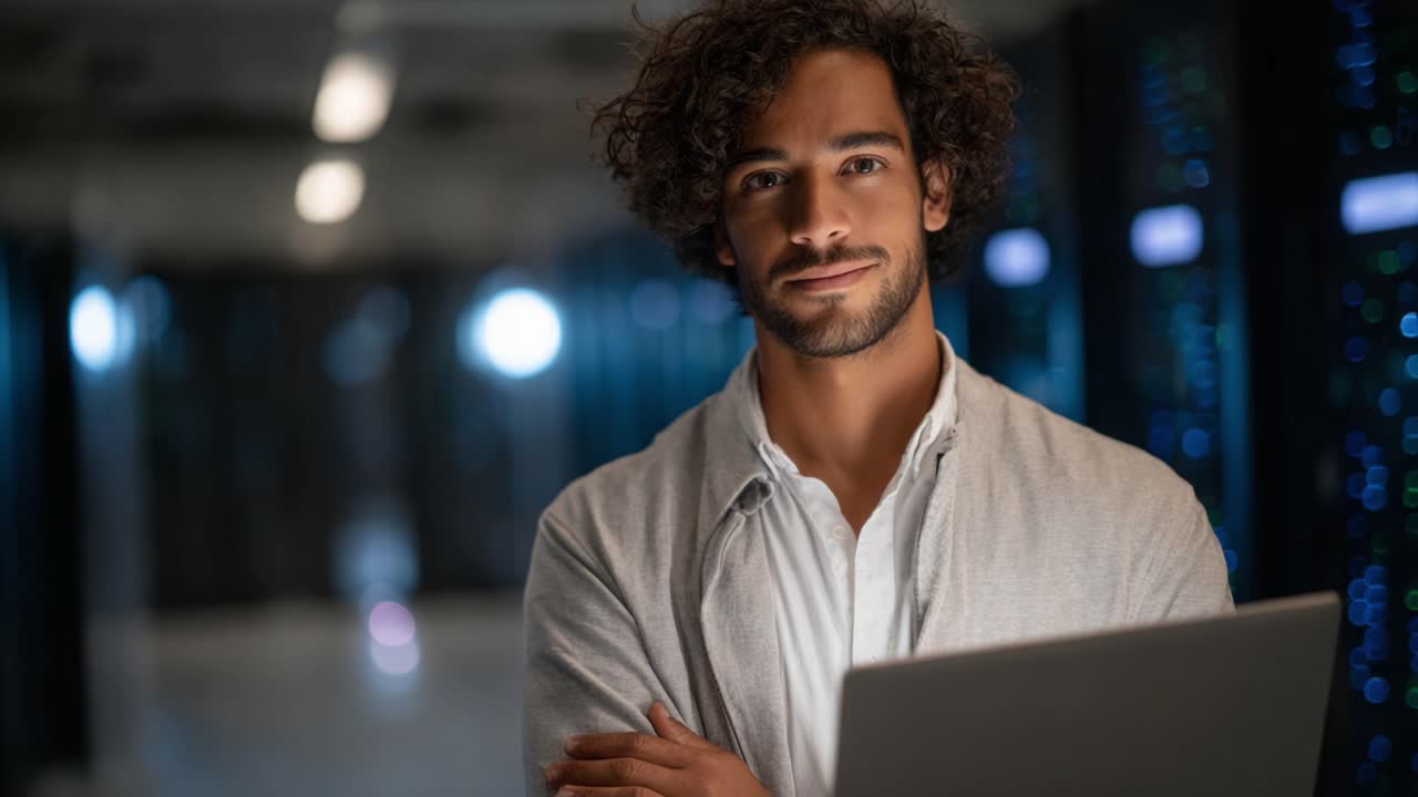 Confident young man with curly hair working on a laptop in a modern data center, illuminated by blue lights and surrounded by advanced server technology