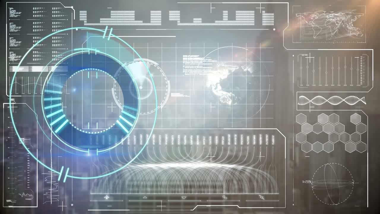 Animation of scope scanning and data processing on screen over cityscape