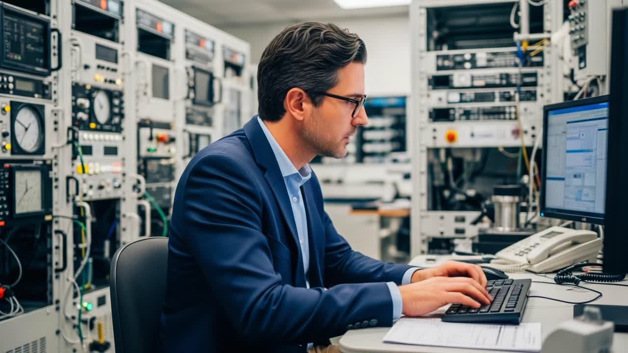 Professional Engineer Working Steadily in a High-Tech Lab Surrounded by Complex Equipment and Monitors, Focused on Data Analysis and Problem Solving